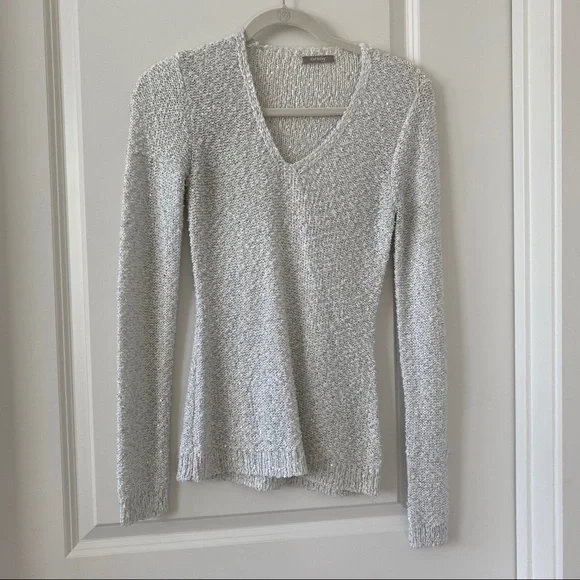 Orsay sparkly white fall sweater V-neck tight fit - Picture 2 of 13